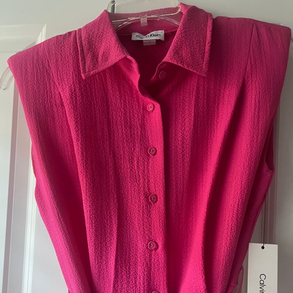 NWT Calvin Klein Sleeveless Collared A-line Belted Dress, Barbie Pink, Size 4 - Picture 2 of 9